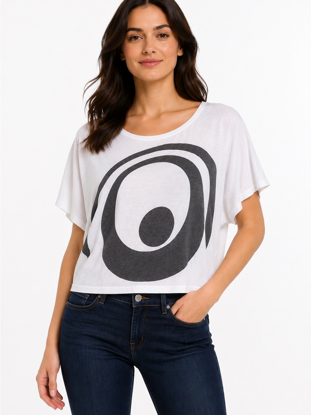 Go Couture White Scoop Neck  Tee with Gray Graphic